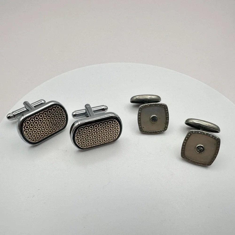 Vintage 80s Silver Tone Cufflink Set Glass Geometric Honeycomb‎ Fashion Jewelry